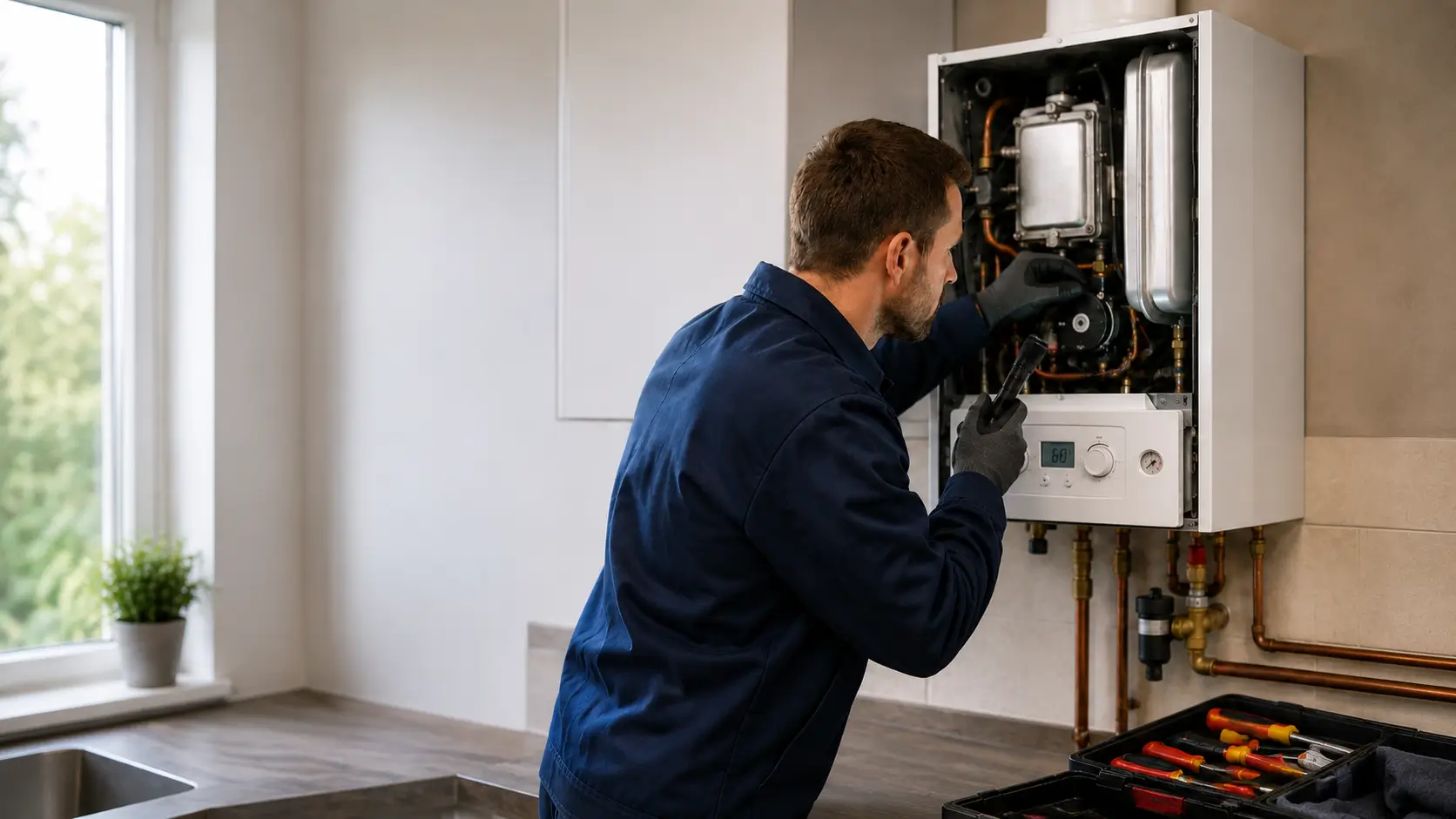 Gas Safe engineer servicing a boiler to help reduce heating bills